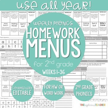 Phonics Activities for 2nd Grade-Weekly HW or Word Work Bundle