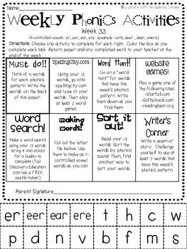 Weekly Phonics Activities Homework for 2nd Grade (Weeks 31-36)