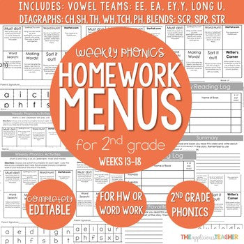 Weekly Phonics Activities Homework for 2nd Grade {Weeks 13-18}
