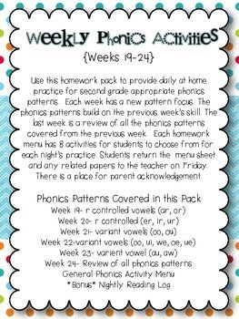 Weekly Phonics Activities Homework for 2nd Grade (Weeks 19-24)