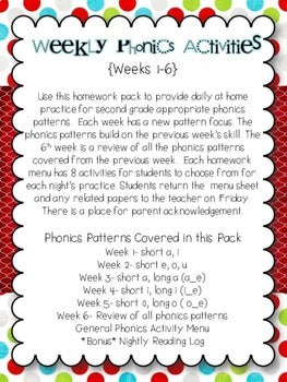 Weekly Phonics Menus 2nd Grade (Weeks 1-6)