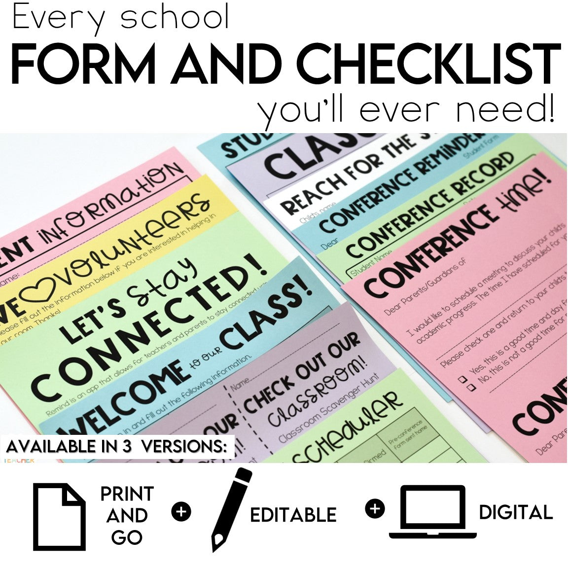 Back to School Forms and Checklists Printables and Editable