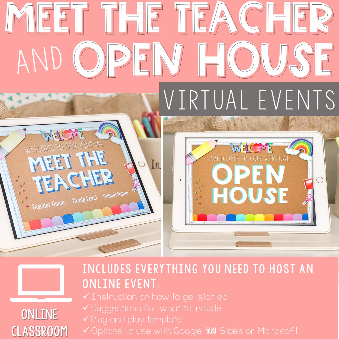 Virtual Meet the Teacher Open House Slide Show for Digital Classroom GOOGLE (TM) Slides